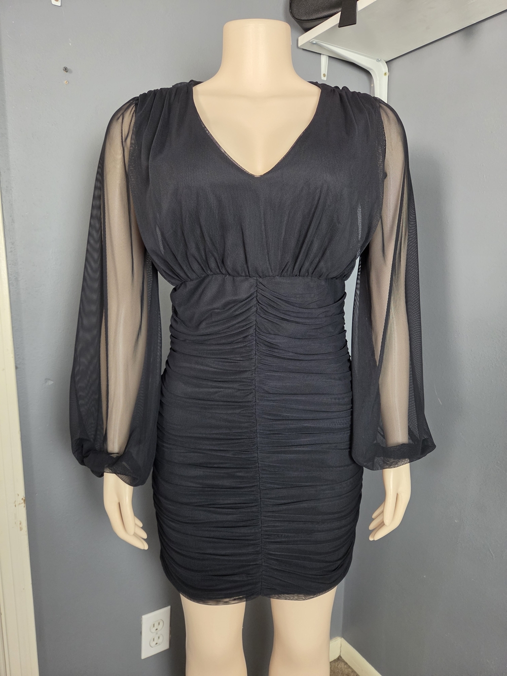 Love By Design Black Sheer-Sleeve Ruched V-Neck Mini Dress